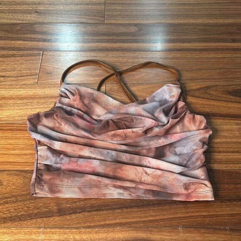 SHEIN earthy brown ruched tie dye crop top with Cris cross back medium - Picture 2 of 6